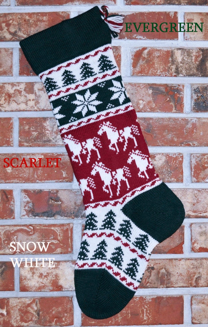 Large Personalizable Knit Wool Christmas Stocking - Horses & Snowflakes