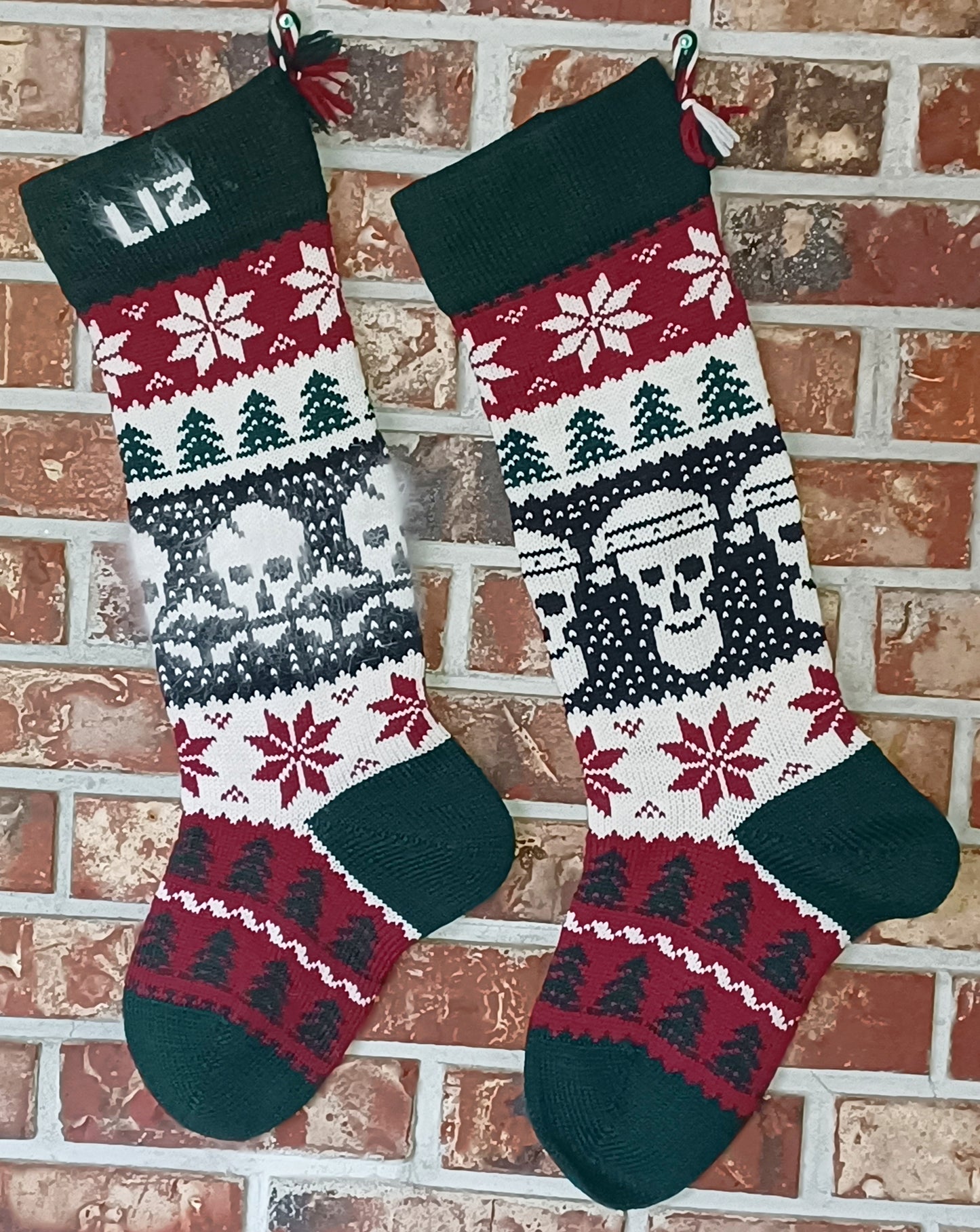 Large Personalizable Knit Wool Christmas Stockings - Christmas Skulls & Santa Skull Pair