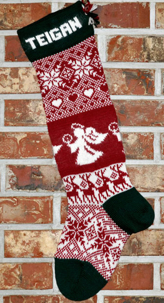 Large Knit Personalizable Wool Christmas Stocking - Angels and Reindeer