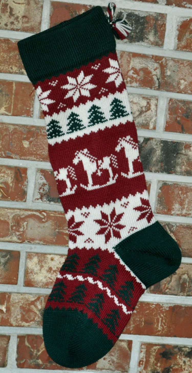 Large Personalizable Knit Wool Christmas Stocking - Rocking Horse with Patterned Foot