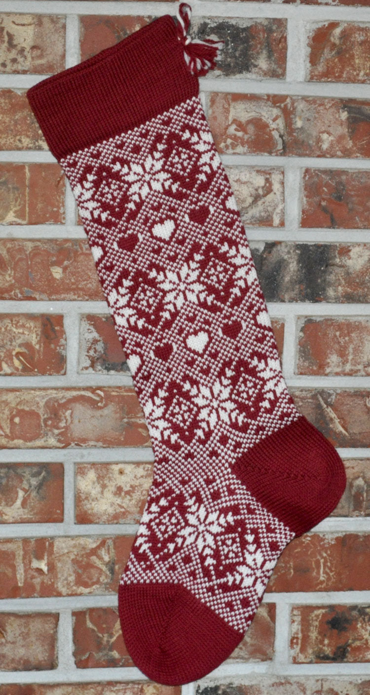 Large Personalizable Knit Wool Christmas Stocking - Snowflakes & Hearts - CRANBERRY
