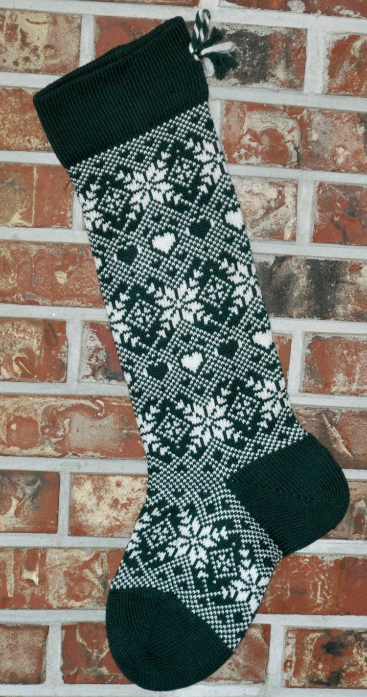 Large Personalizable Knit Wool Christmas Stocking - Snowflakes & Hearts - EVERGREEN
