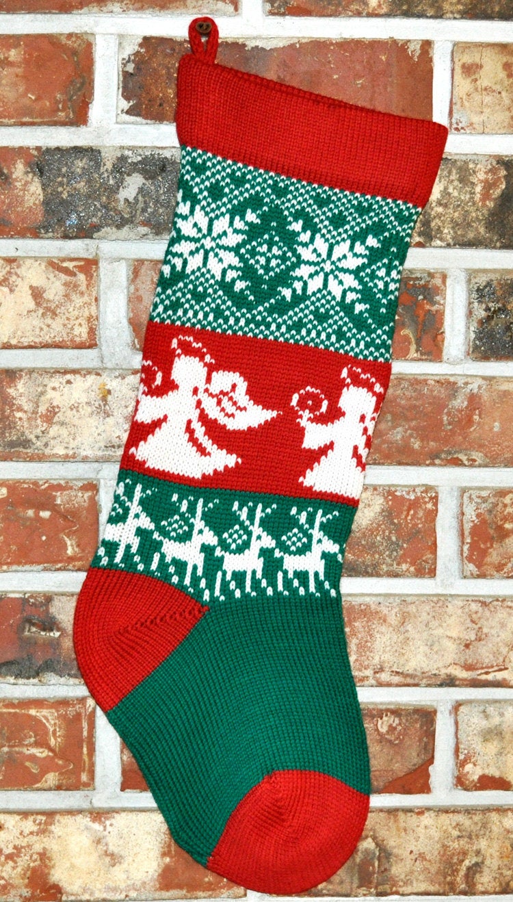 Medium Knit Personalized Wool Christmas Stocking - Angels and Reindeer