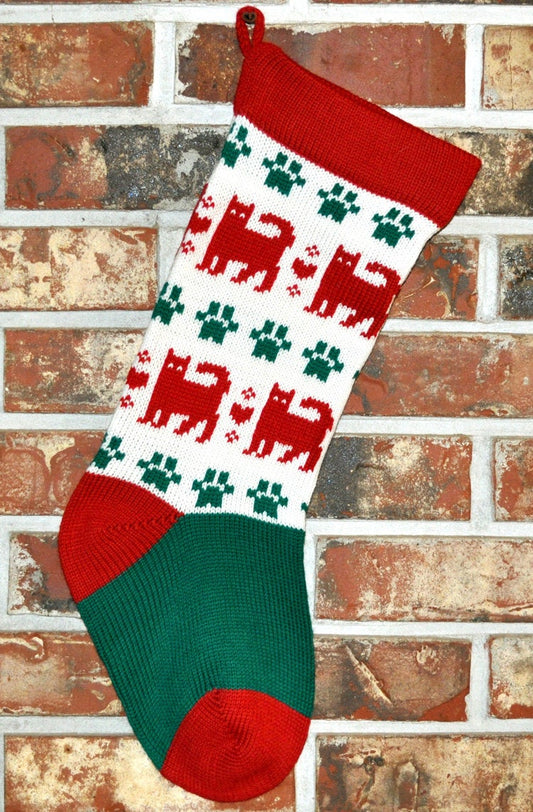 Medium Knit Personalized Wool Christmas Stocking - Red Christmas Cats
