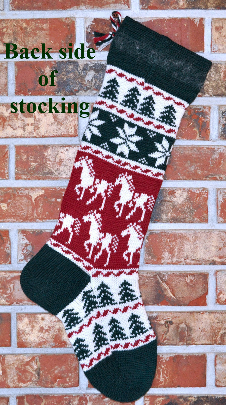Large Personalizable Knit Wool Christmas Stocking - Horses & Snowflakes