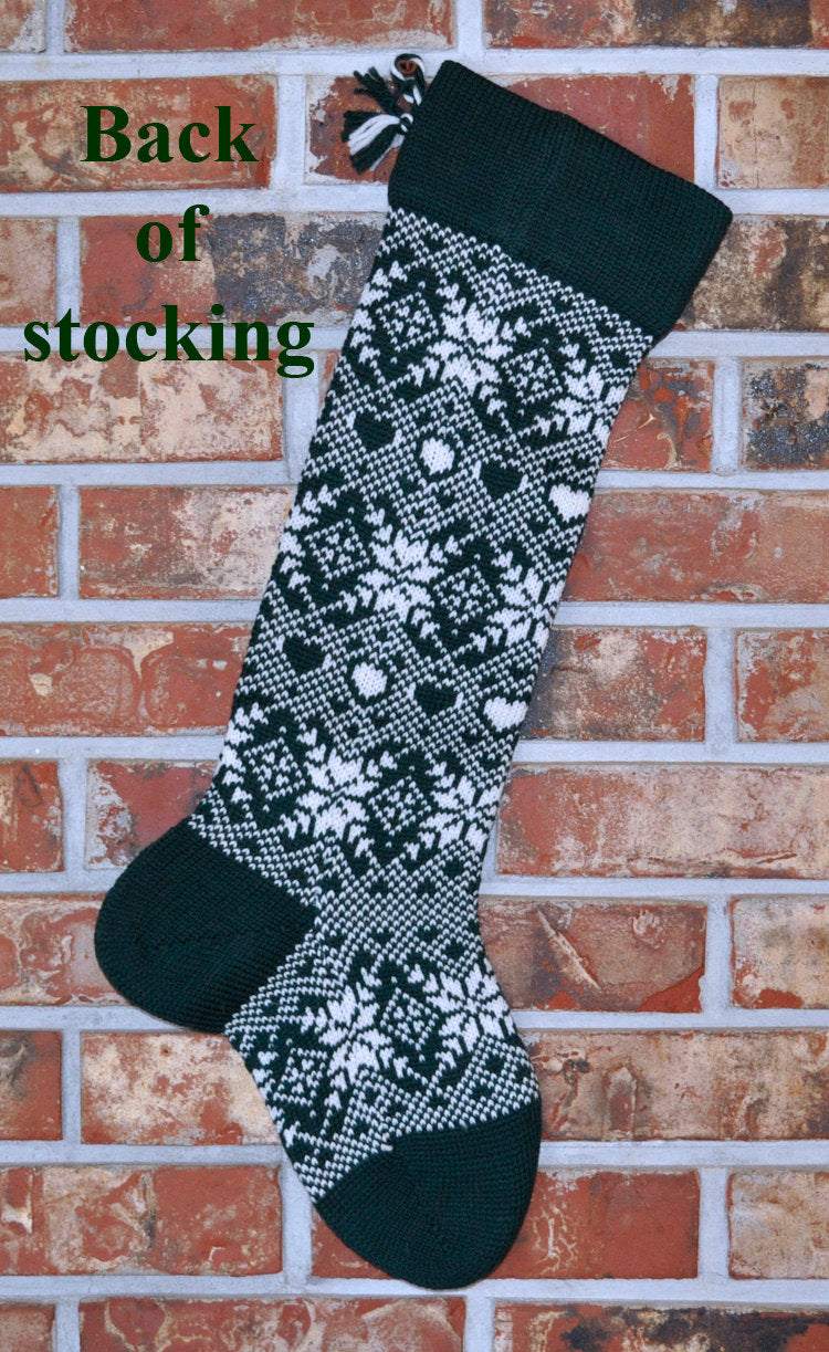 Large Personalizable Knit Wool Christmas Stocking - Snowflakes & Hearts - EVERGREEN