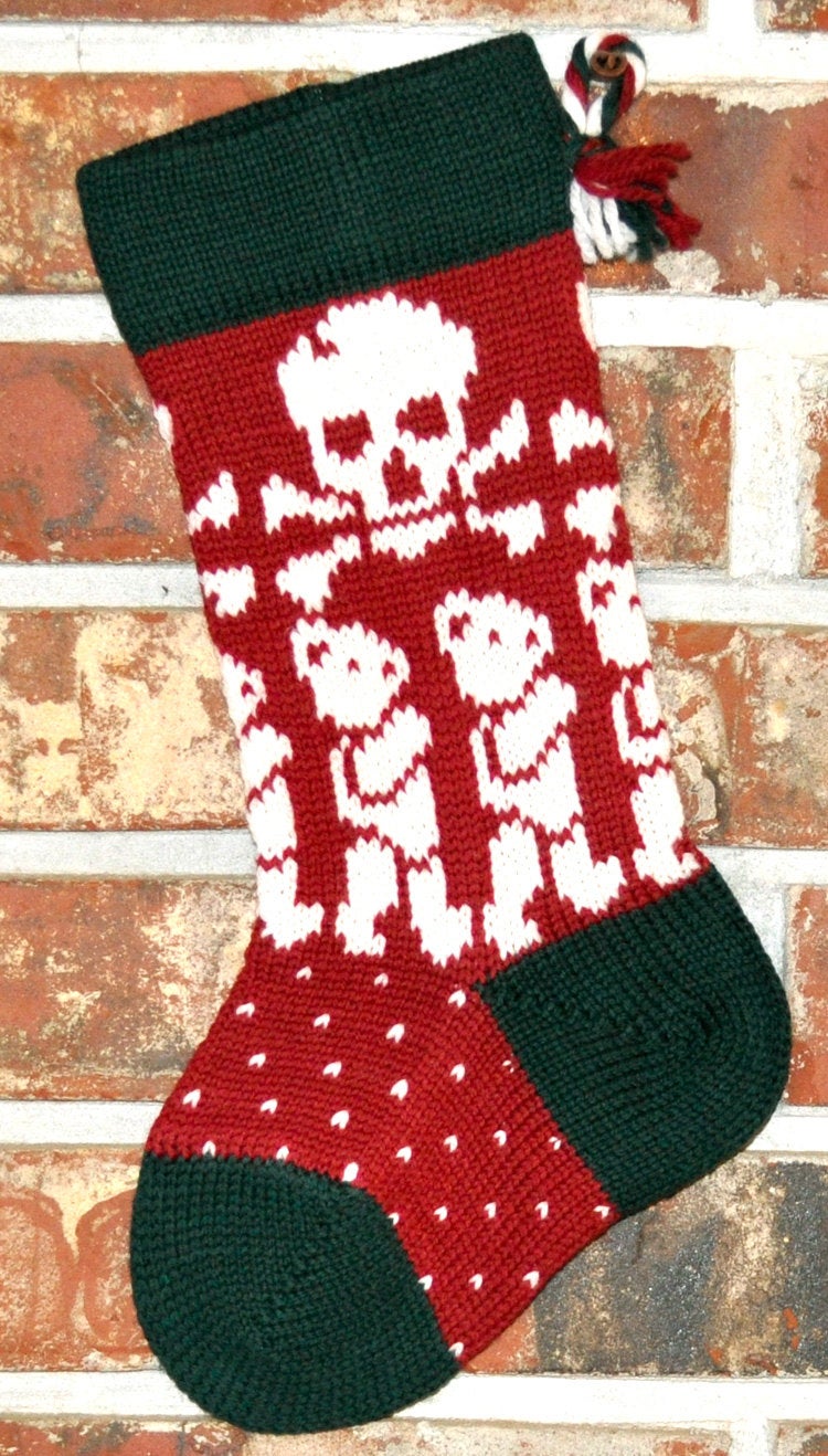 Small Knit Wool Christmas Stocking - Skulls and Teddy Bears with Green Trim