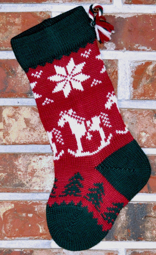 Small Knit Wool Christmas Stocking - Rocking Horse with Patterned Foot