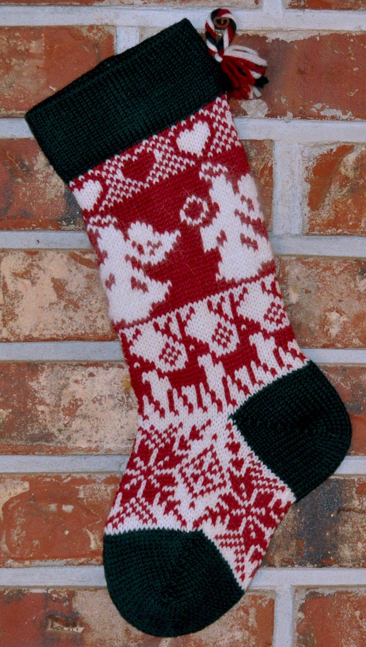 Small Knit Wool Christmas Stocking - Angels and Reindeer