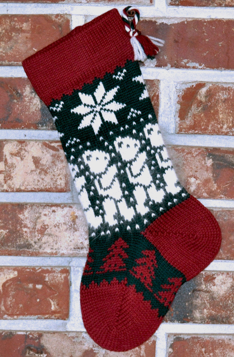 Small Knit Wool Christmas Stocking - Angora Teddy Bears with Red Trim
