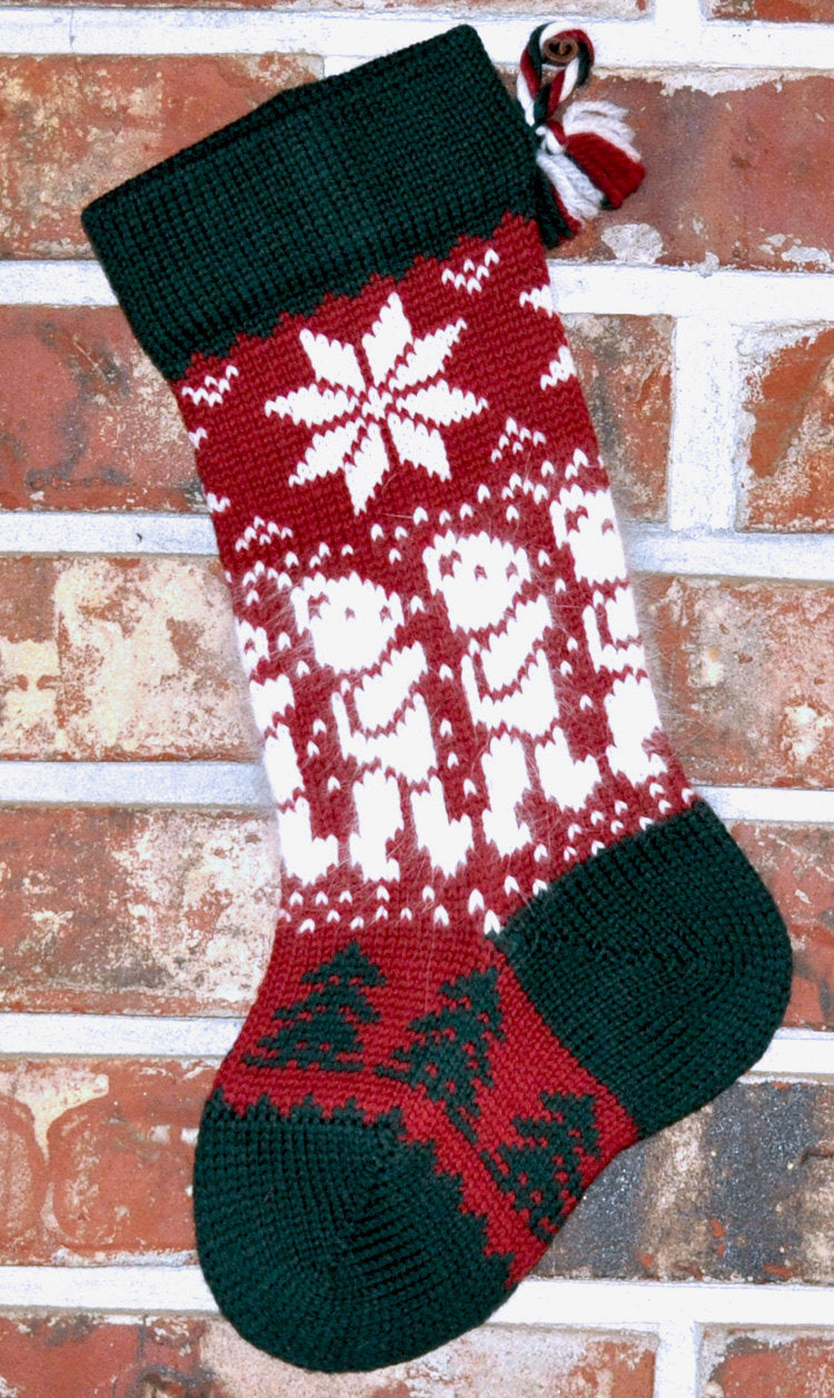 Small Knit Wool Christmas Stocking - Angora Teddy Bears with Green Trim