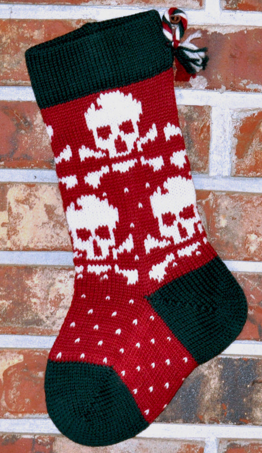 Small Knit Wool Christmas Stocking - White Skulls with Green Trim